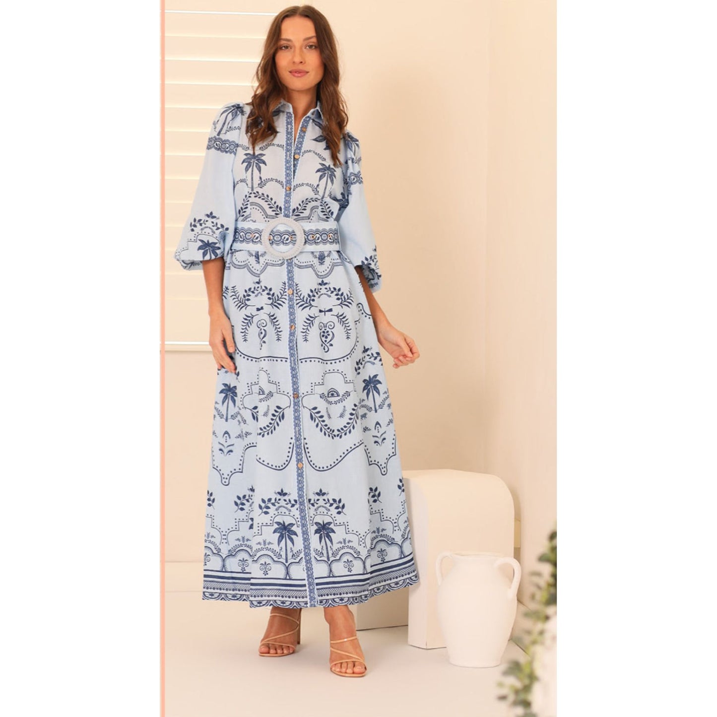 Miami dress pale blue with navy palms maxi dress