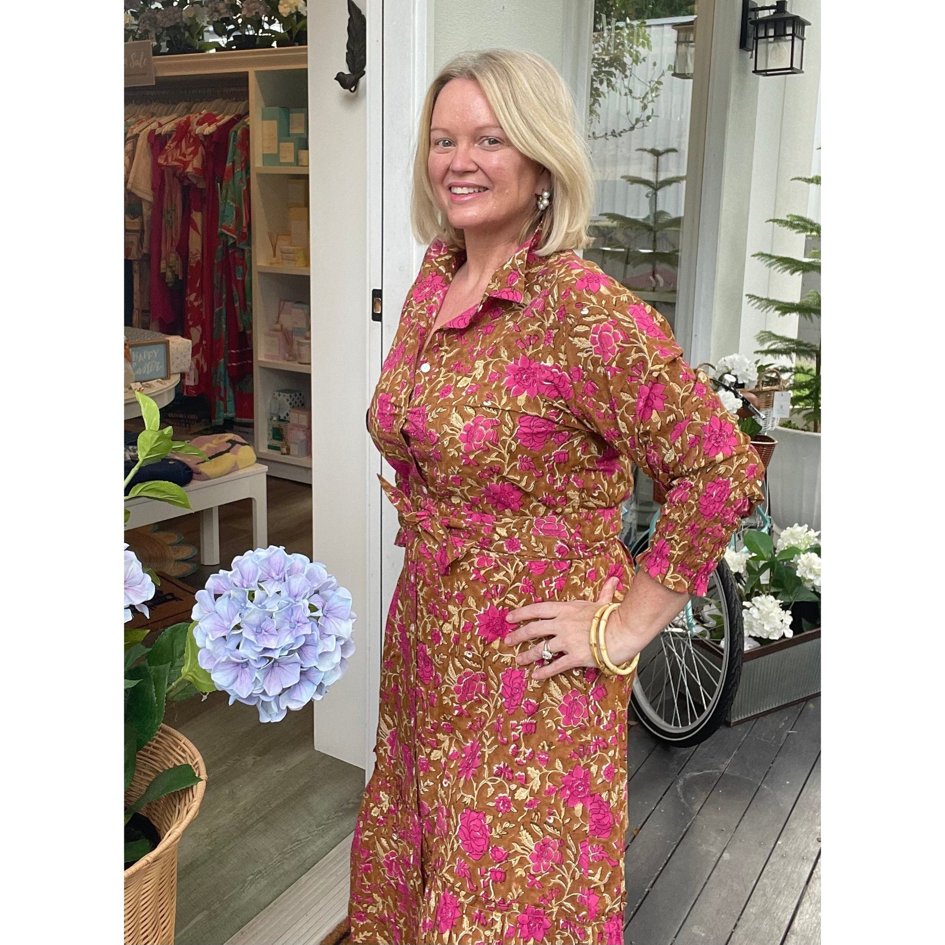 Elizabeth dress magenta and brown floral shirt dress