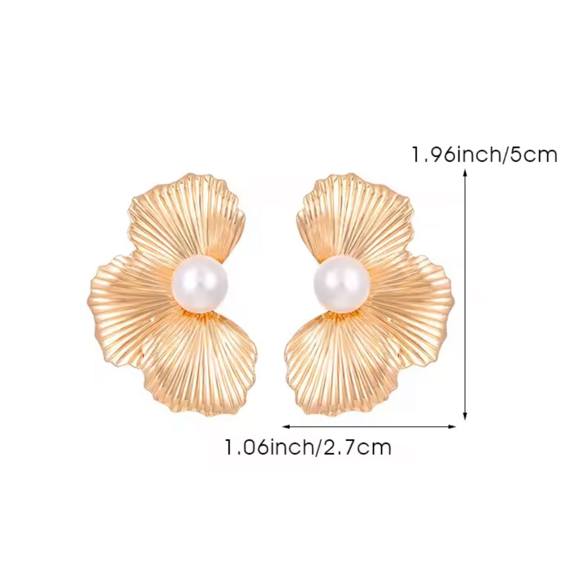 Gold shell-shaped earrings with pearls, shown with measurements on a white background