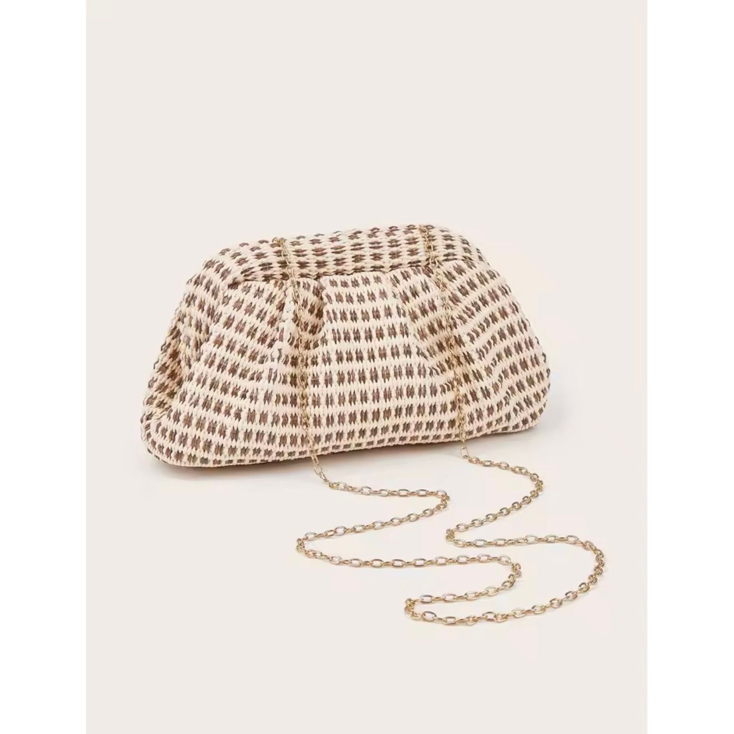 Bridgette bag Woven Clutch Bag – Cream & Tan with Gold Chain