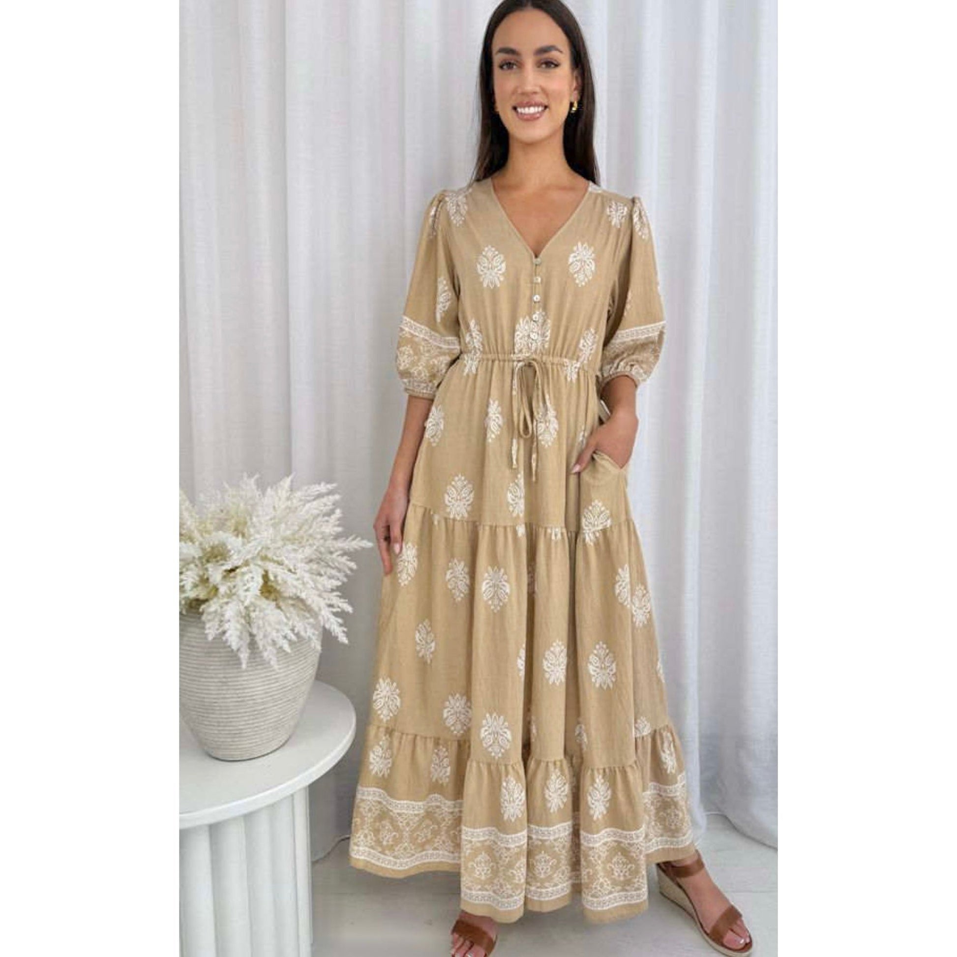 St Barths  dress  tan with white embroidery details maxi dress