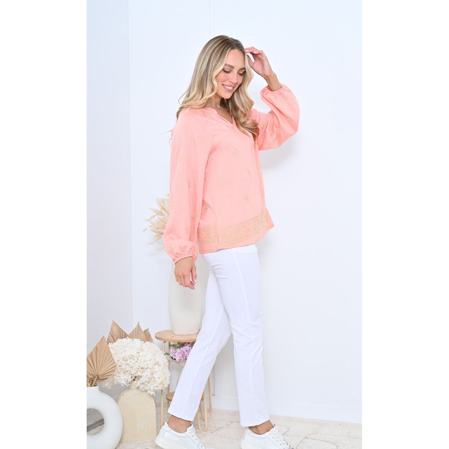 Pastel amber top pink grandad collar