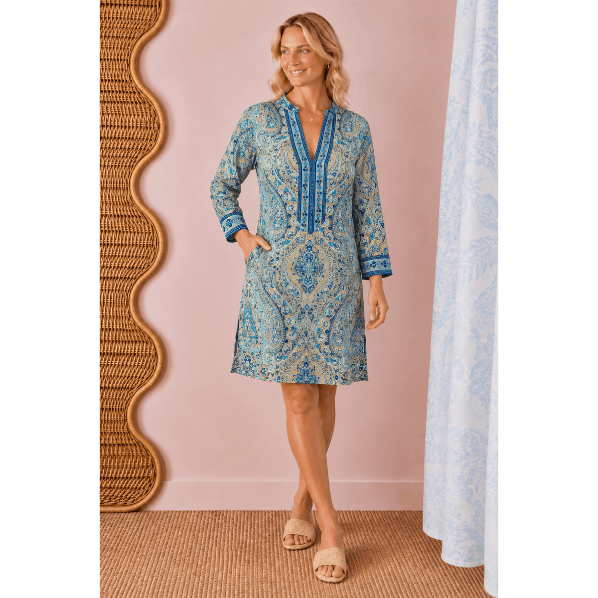 Drew Paisley Short Dress in Blue