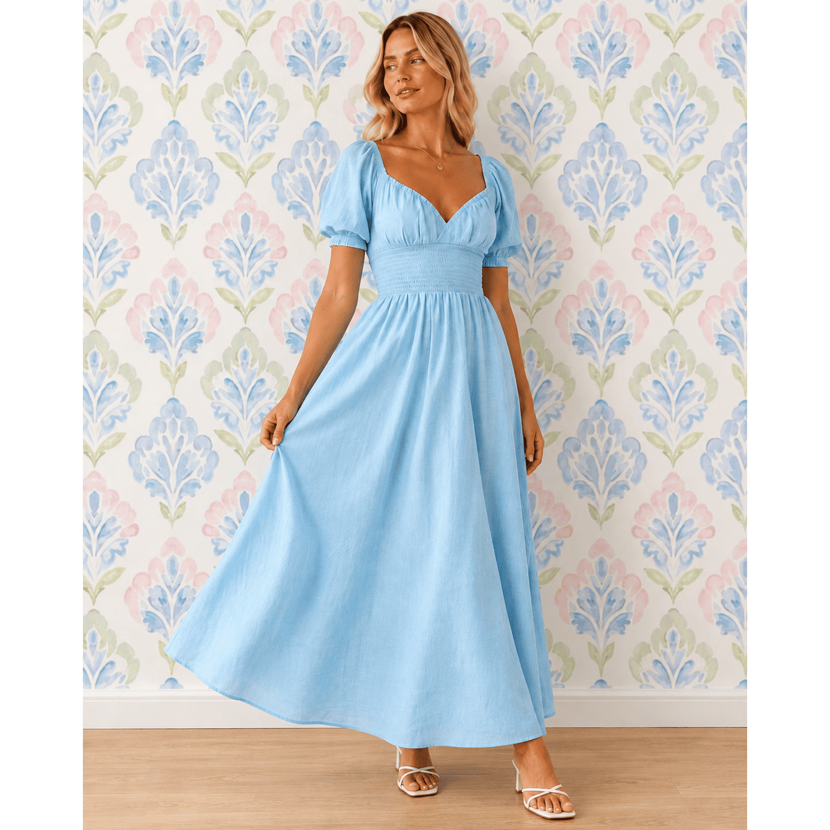 Lucia Blue Cotton Linen Maxi Dress