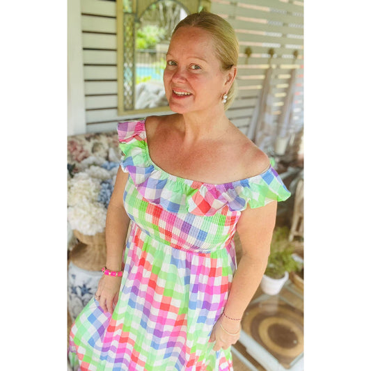 vibrant rainbow gingham maxi dress