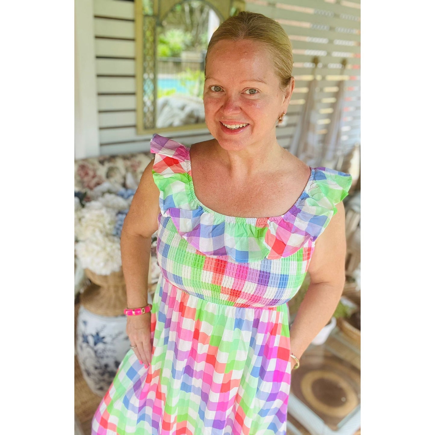 off shoulder frill neckline dress