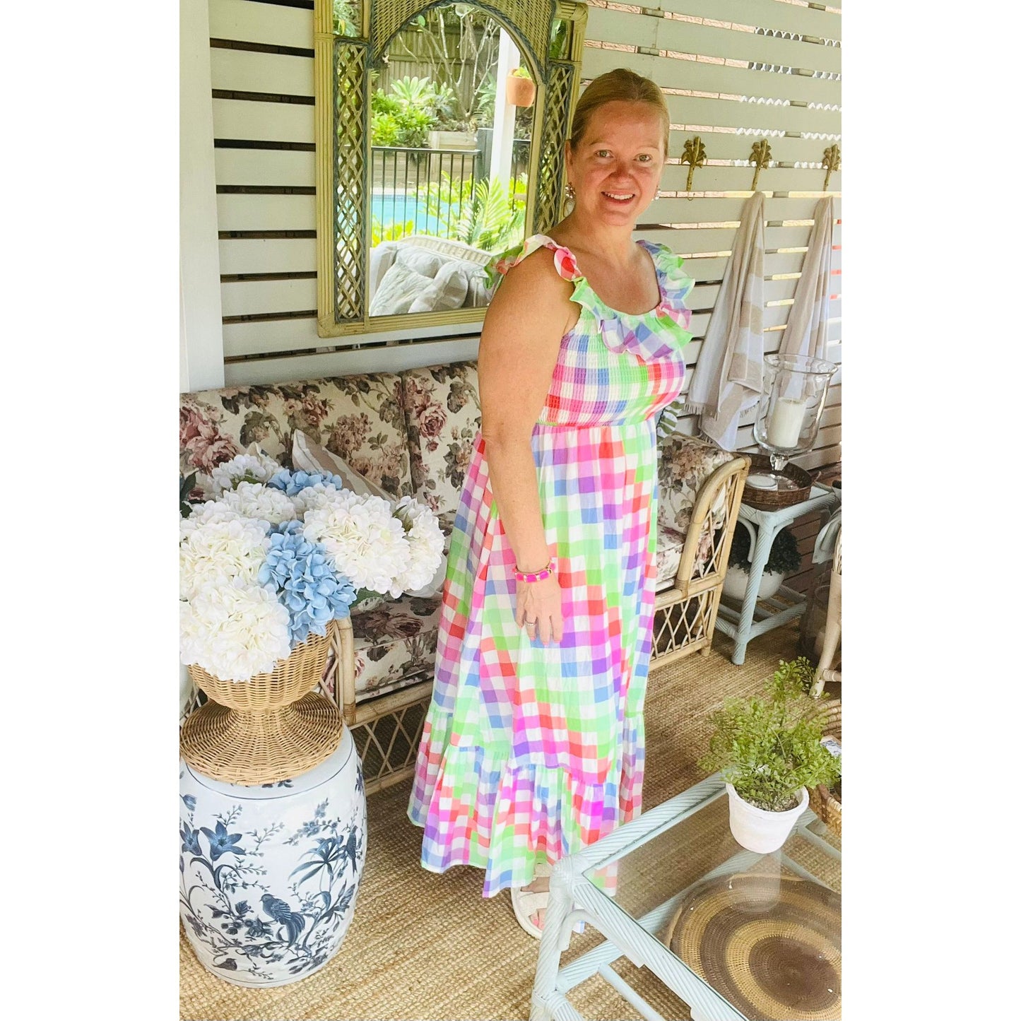 rainbow gingham dress with pockets