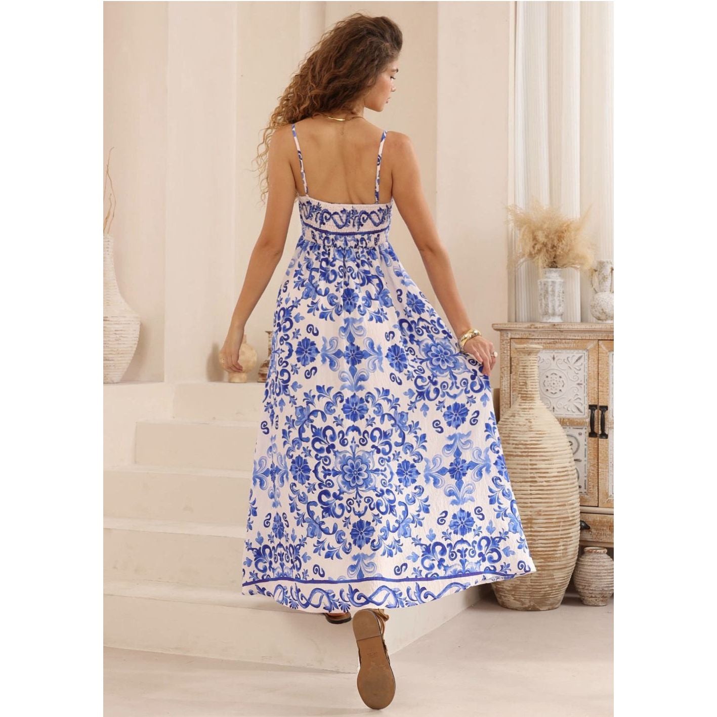 Dolce Blue and White Maxi Dress Back View