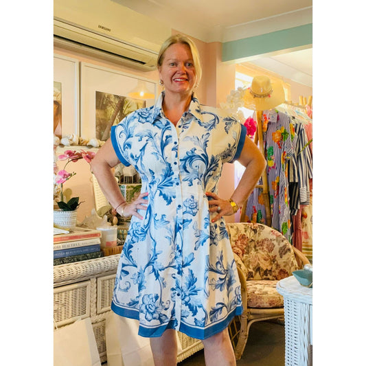 Alita White and Blue Linen Shirt Dress Front Design