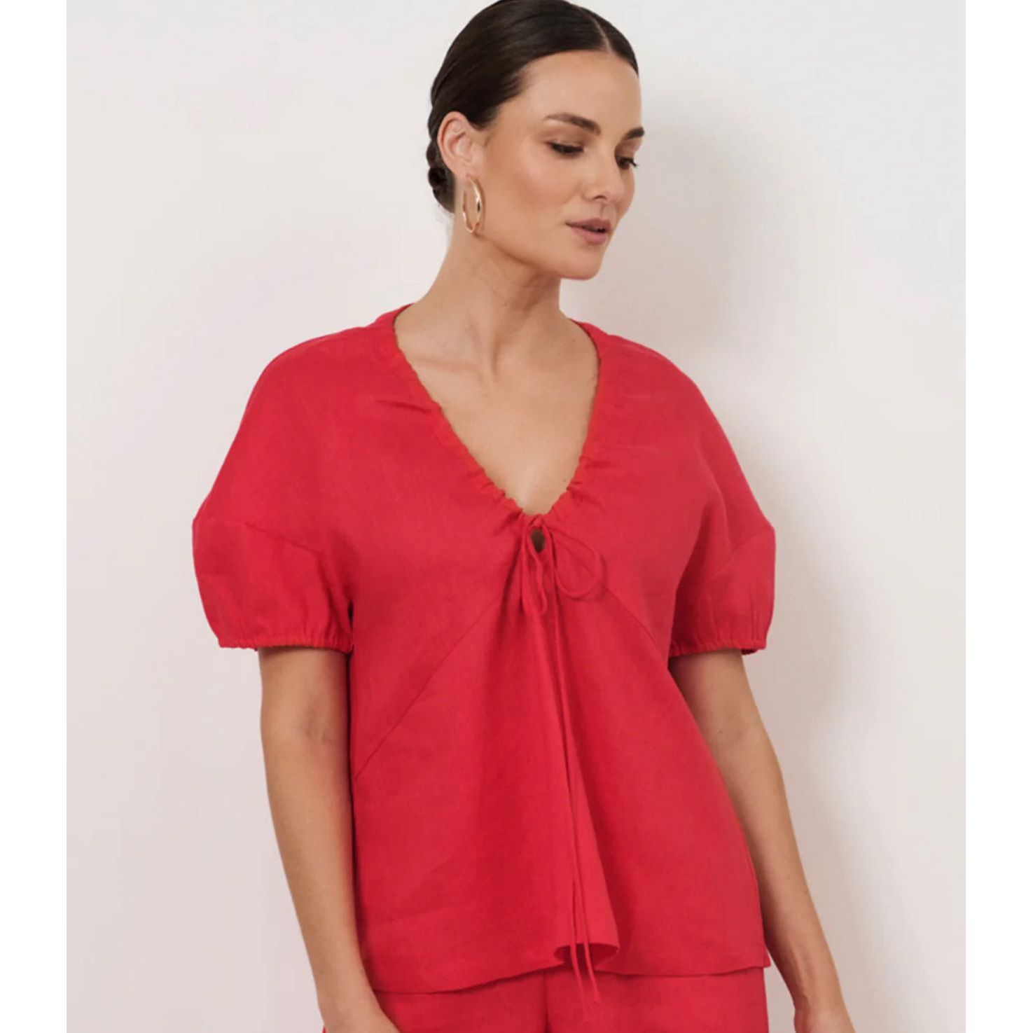 Merry Linen Tie Detail Top in Cardinal Red