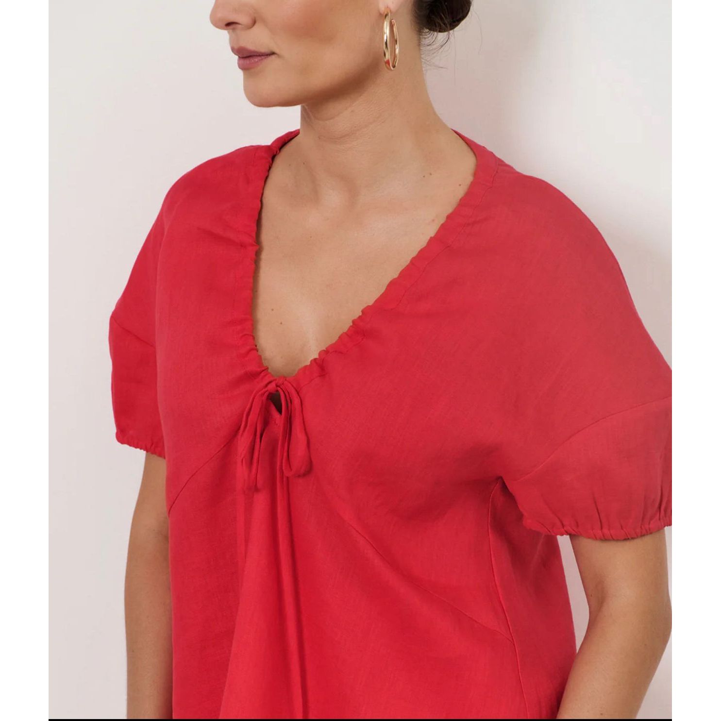 Merry Linen Tie Detail Top in Cardinal Red up close