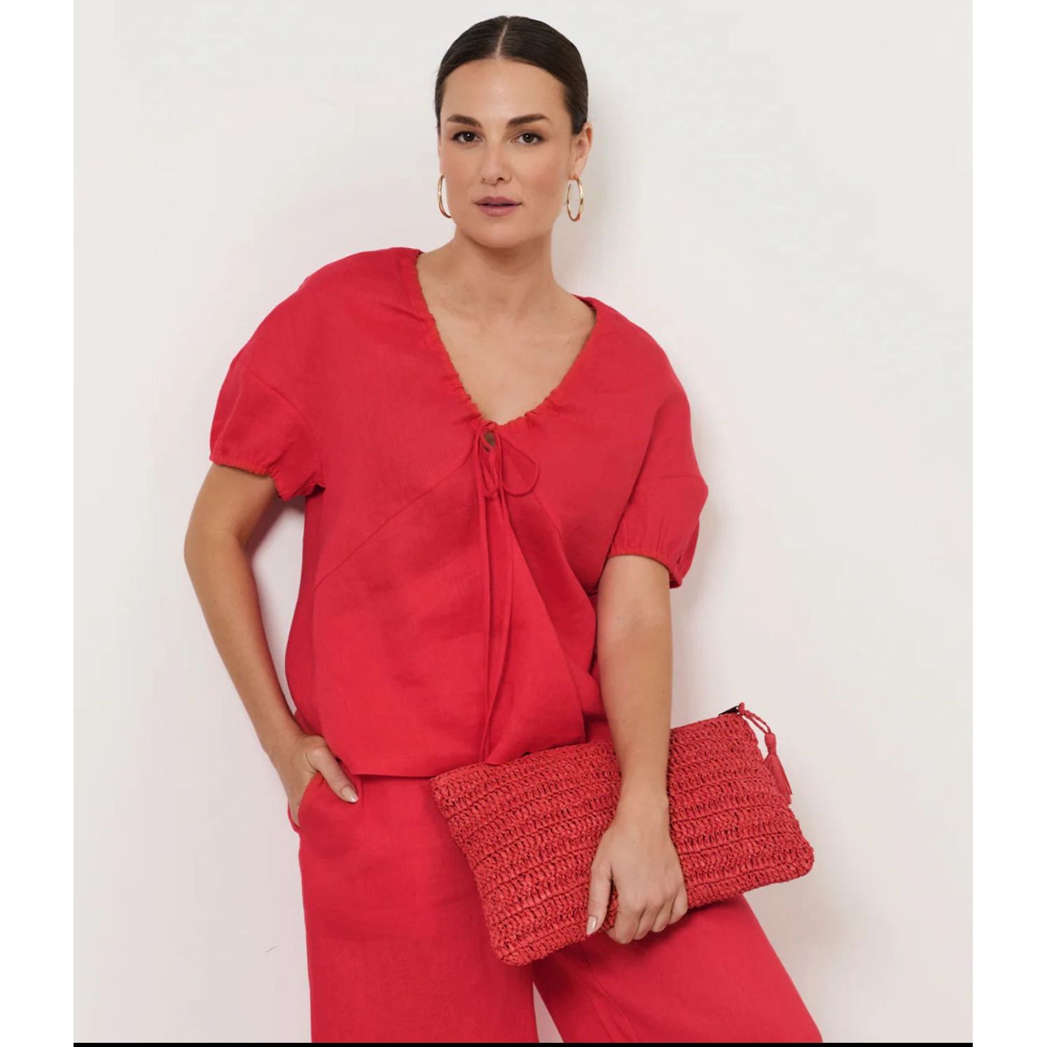 Merry Linen Tie Detail Top in Cardinal Red