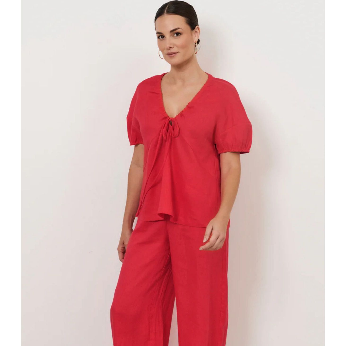 Merry Linen Tie Detail Top in Cardinal Red