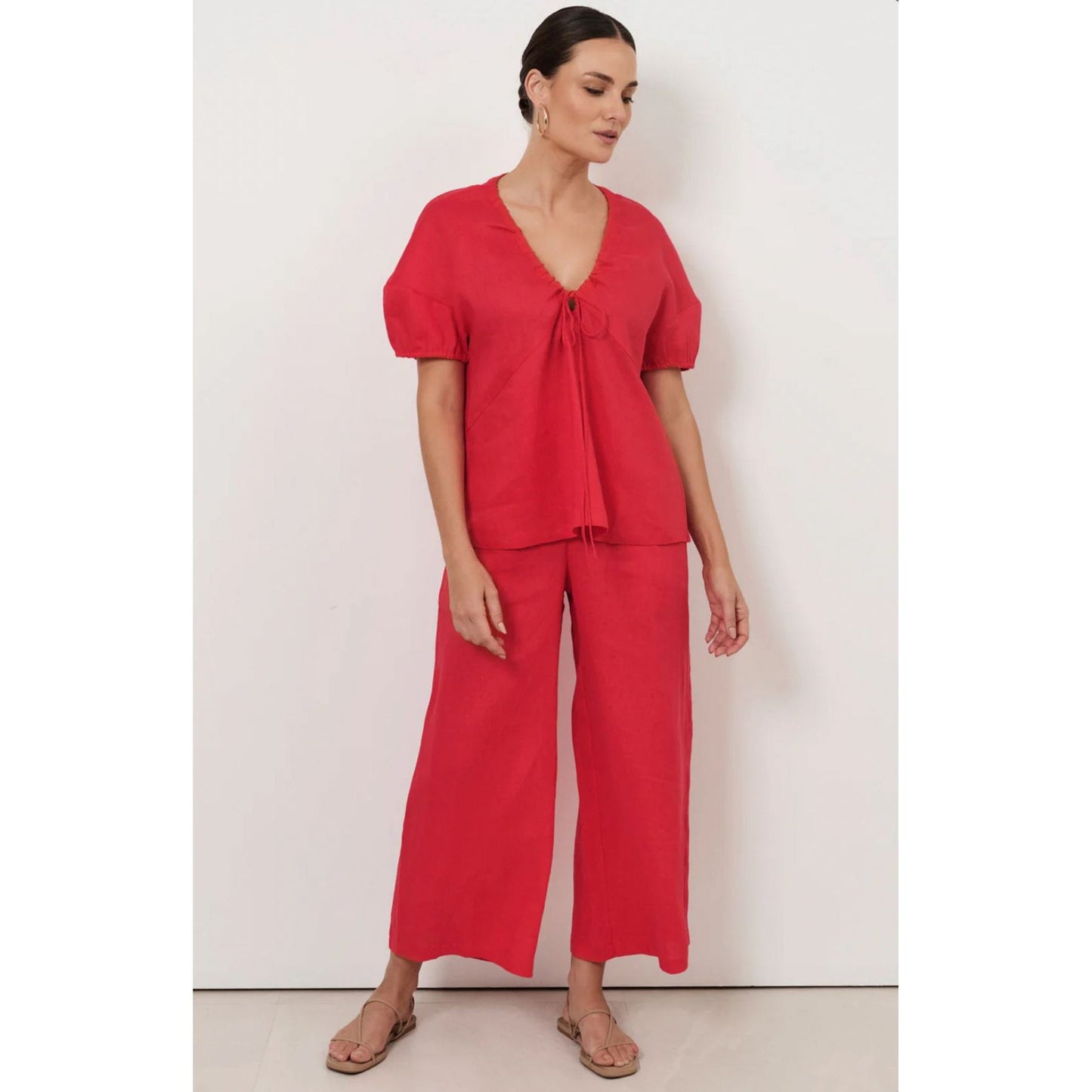 Merry Linen Culotte Pants in Cardinal Red