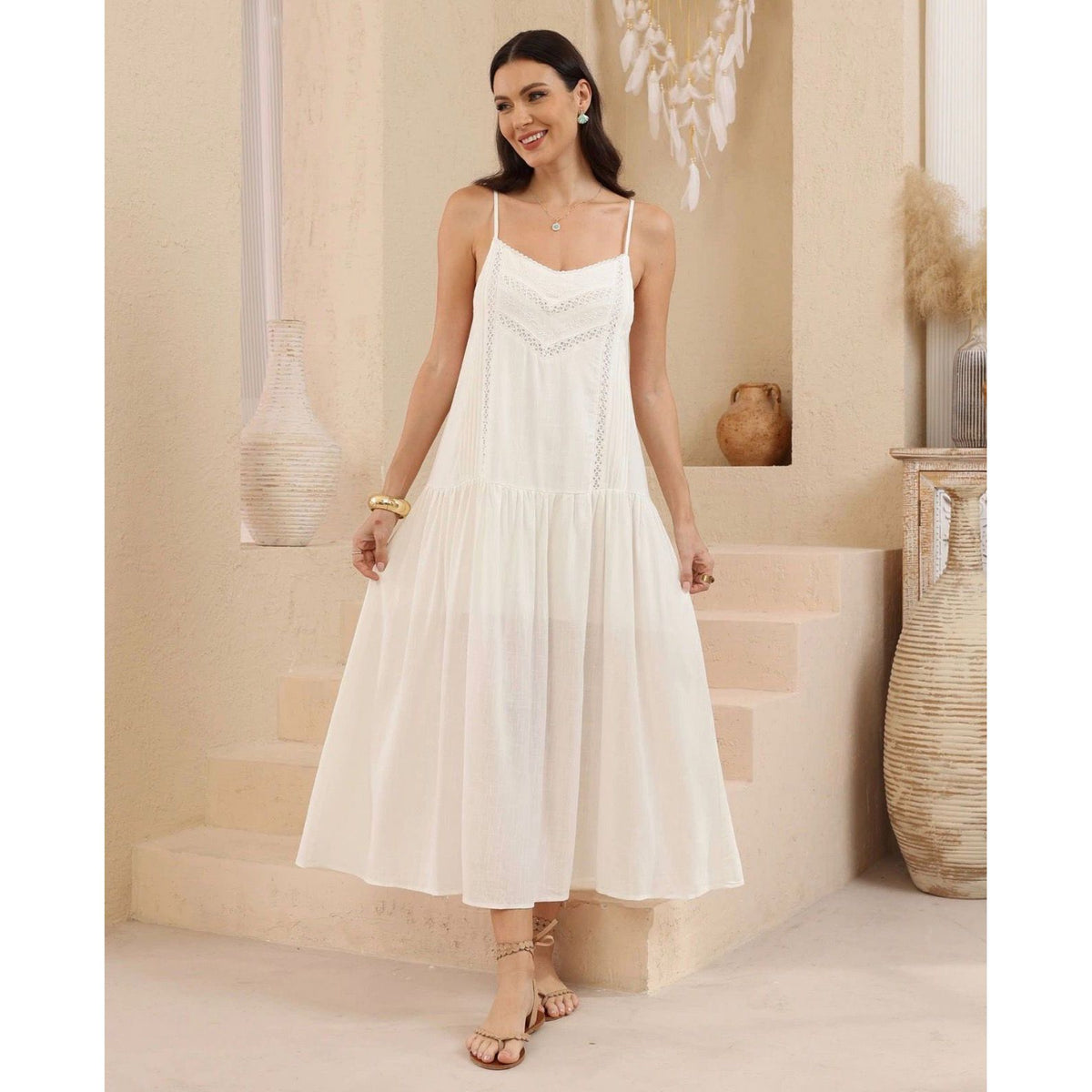 Maeve Lace Trim Cotton Maxi Dress in White Cream