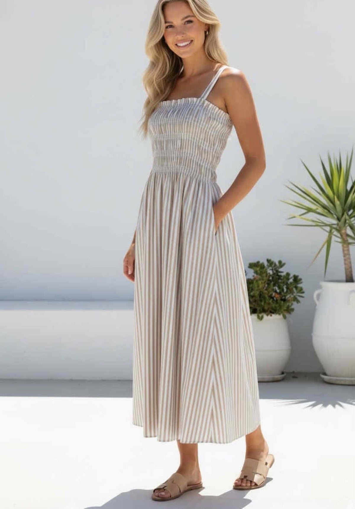 Amelie Beige Stripe Cotton Midi Dress