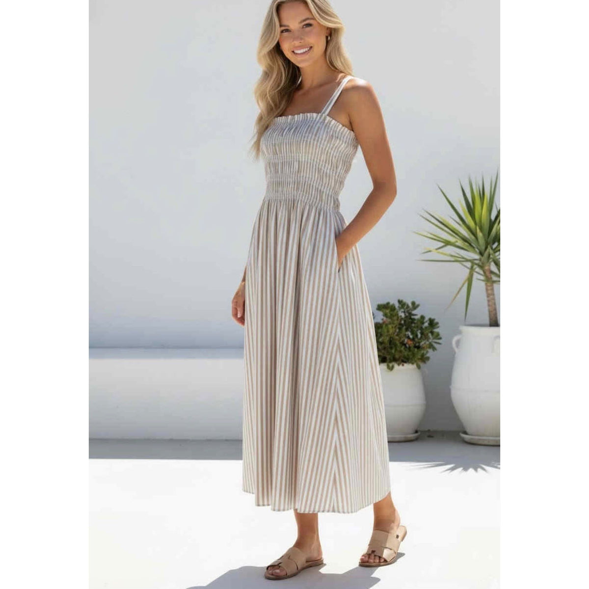 Amelie Beige Stripe Cotton Midi Dress