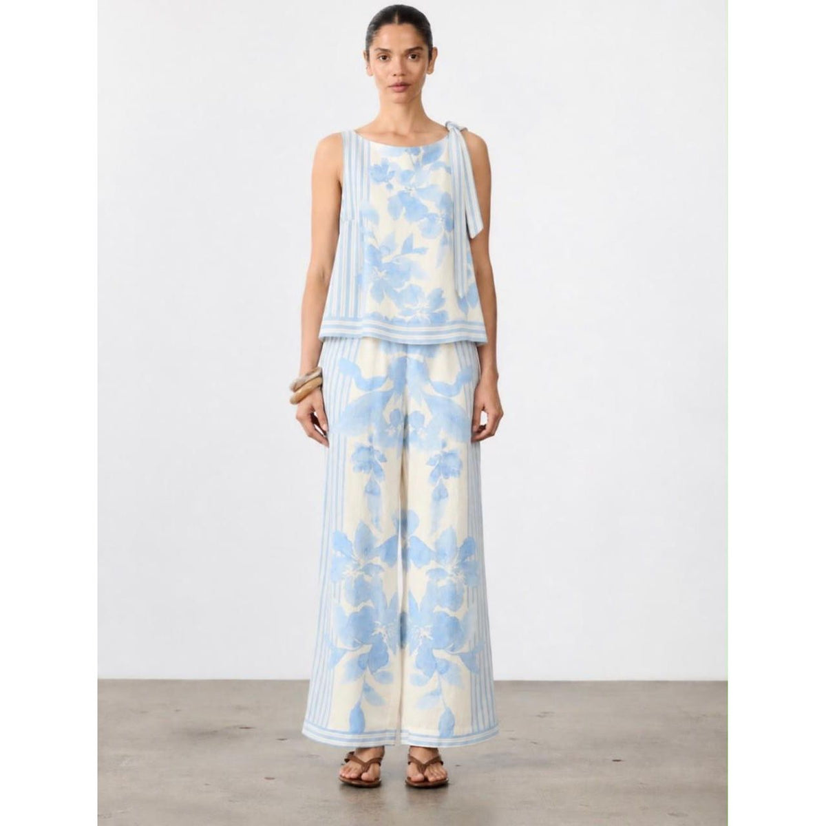 Riviera Blue Floral Hand-Painted Linen Tank Top