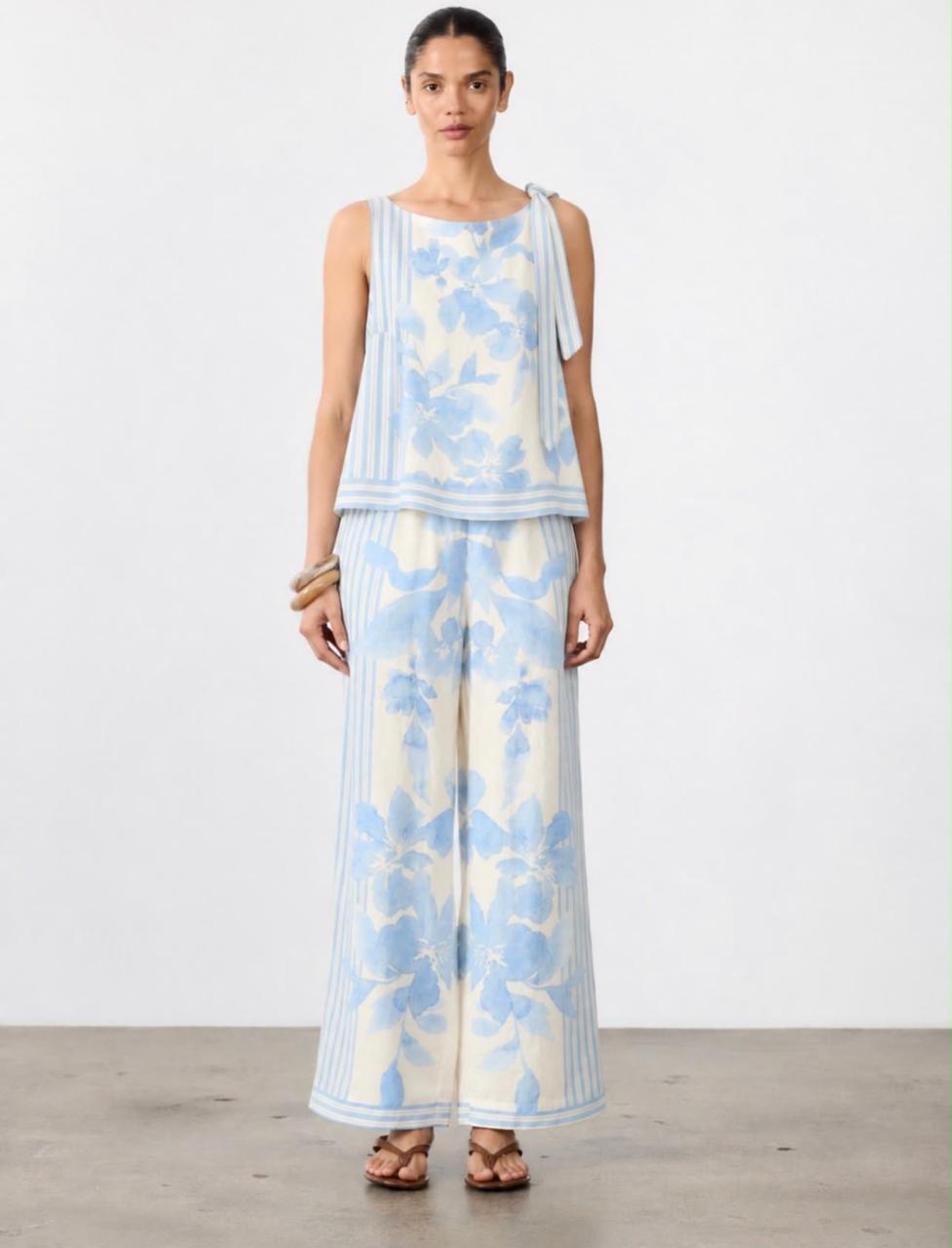 Riviera Blue Floral Hand-Painted Linen Tank Top