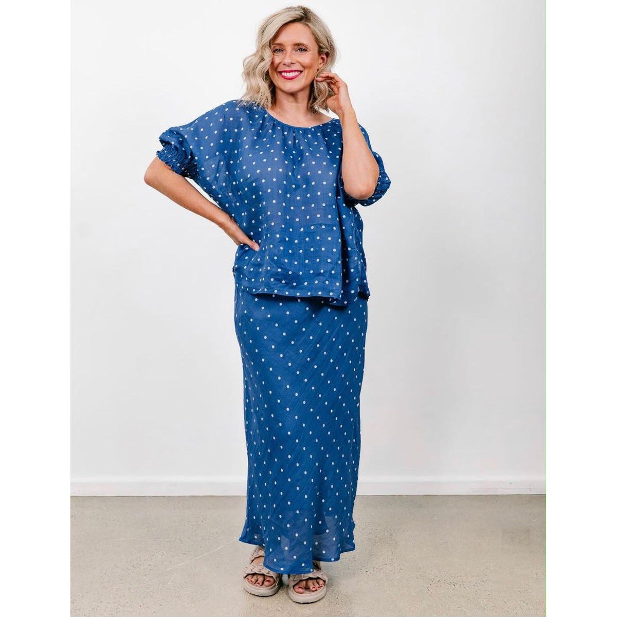 Dolly Blue & White Spot Linen Top