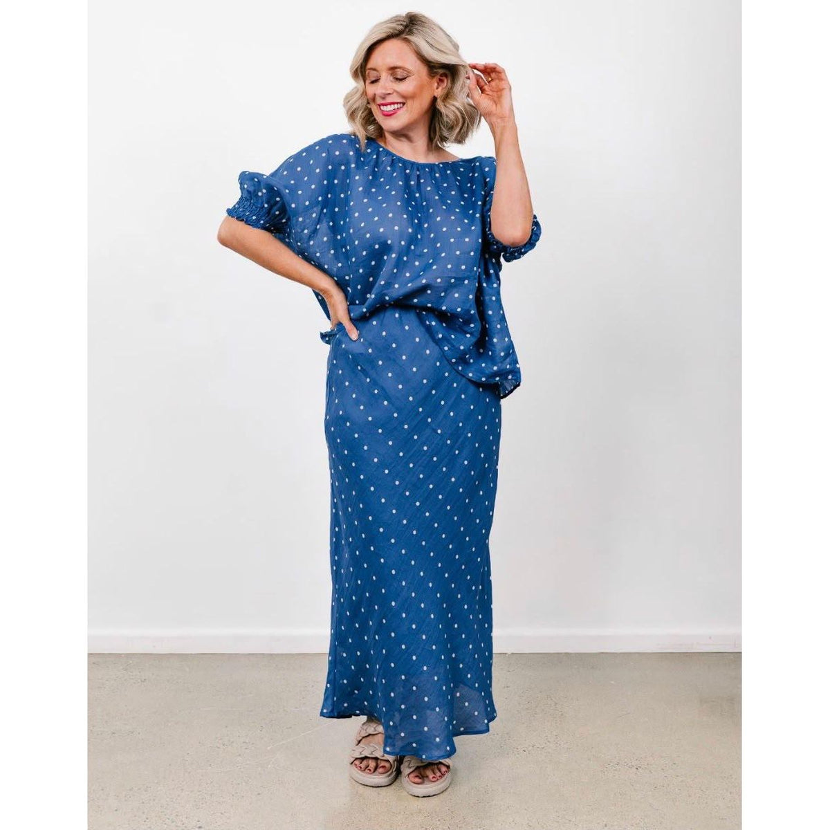 Dolly Blue & White Spot Linen Top