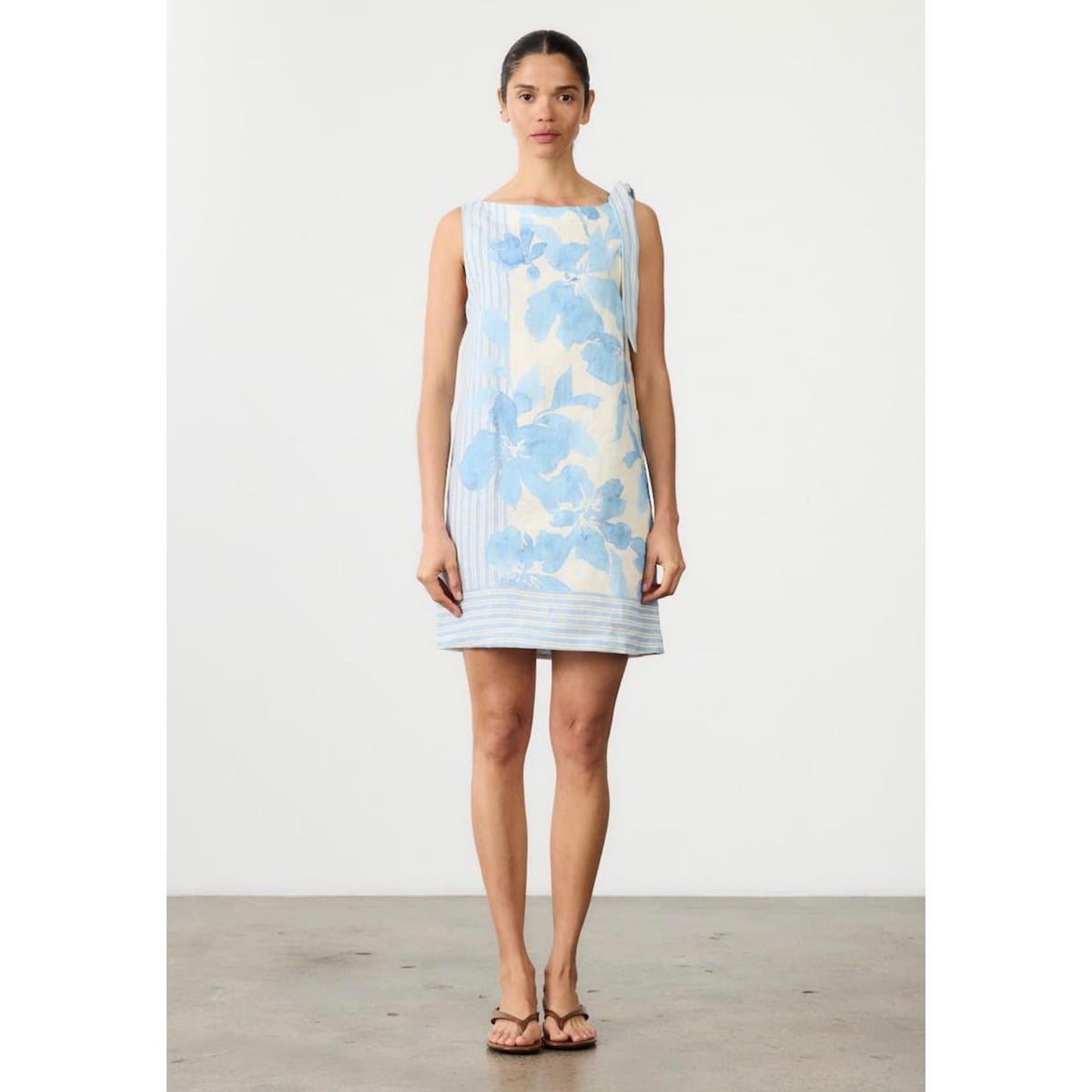 Riviera Blue Floral Hand-Painted Linen Short Dress