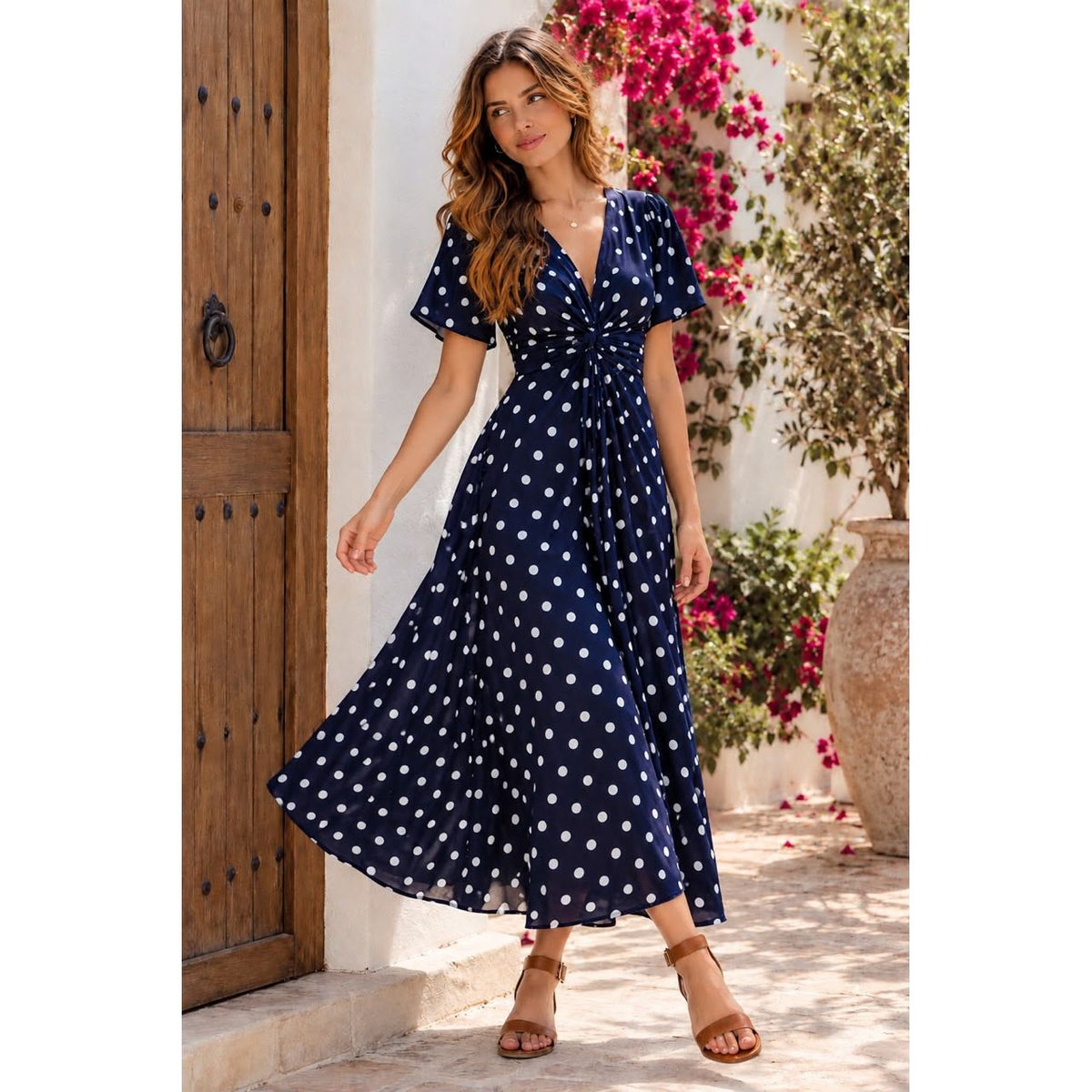 Celeste Navy Spot Rayon Maxi Dress
