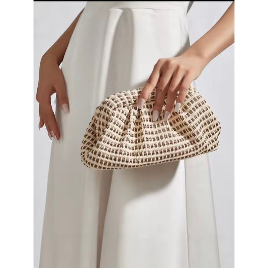 Bridgette bag Woven Clutch Bag – Cream & Tan with Gold Chain