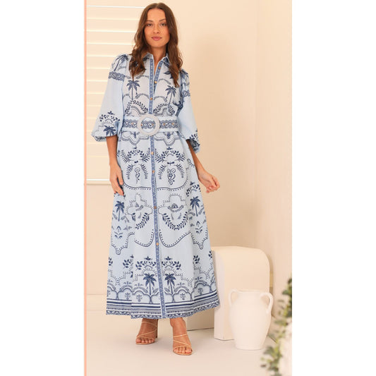 Miami dress pale blue with navy palms maxi dress 