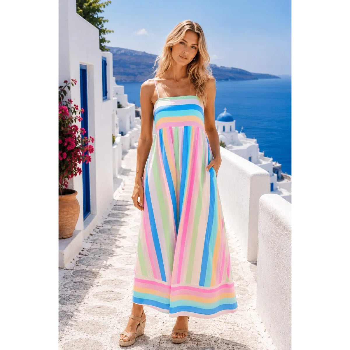 Lara Santorini Sunset Cotton Maxi Dress full body