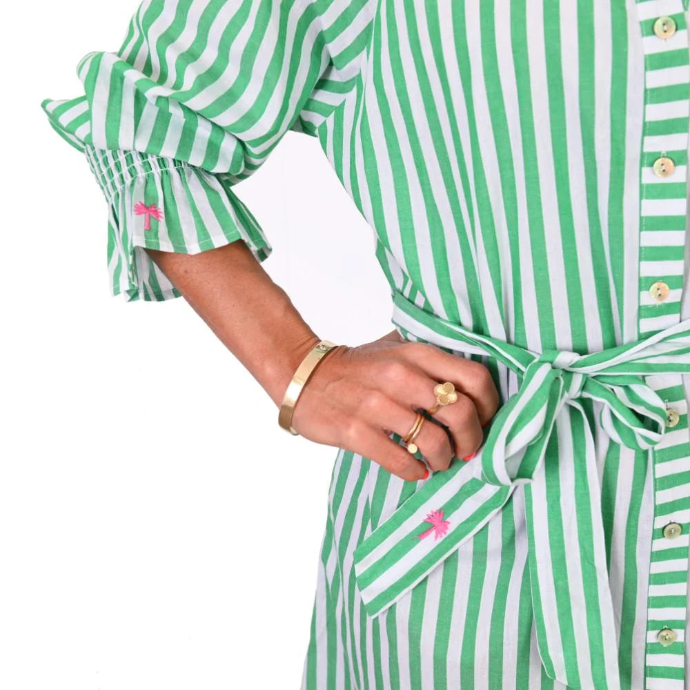 Marisol Green Stripe Shirt Dress embroidery details up close