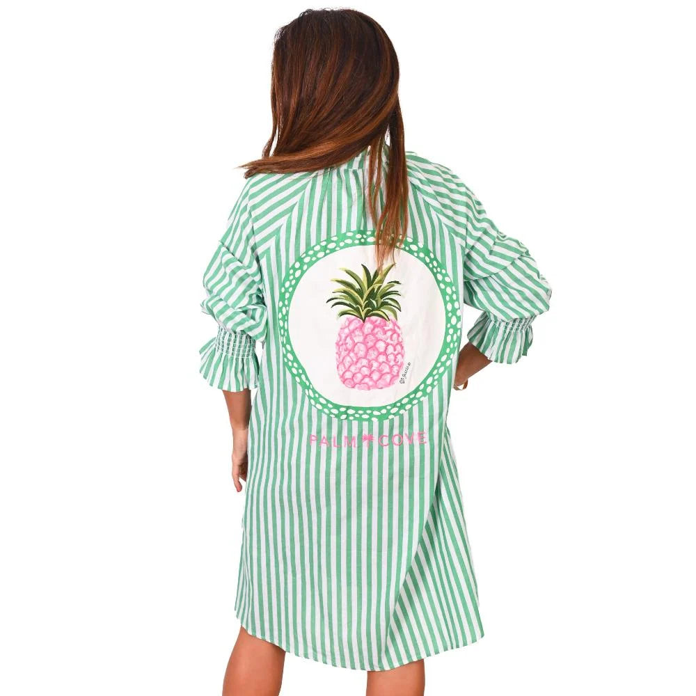 Marisol Green Stripe Shirt Dress Pink Pineapple Back Design