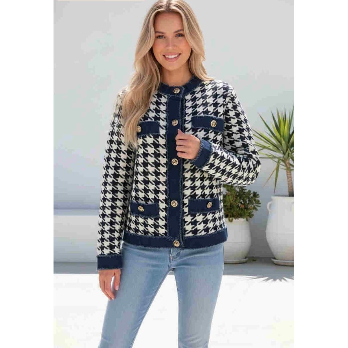 Bacall Knit Jacket – Navy & Cream