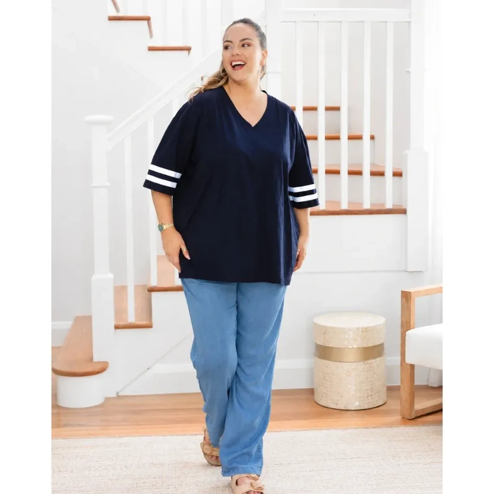 Navy Stripe Oversized Cotton Tee full body