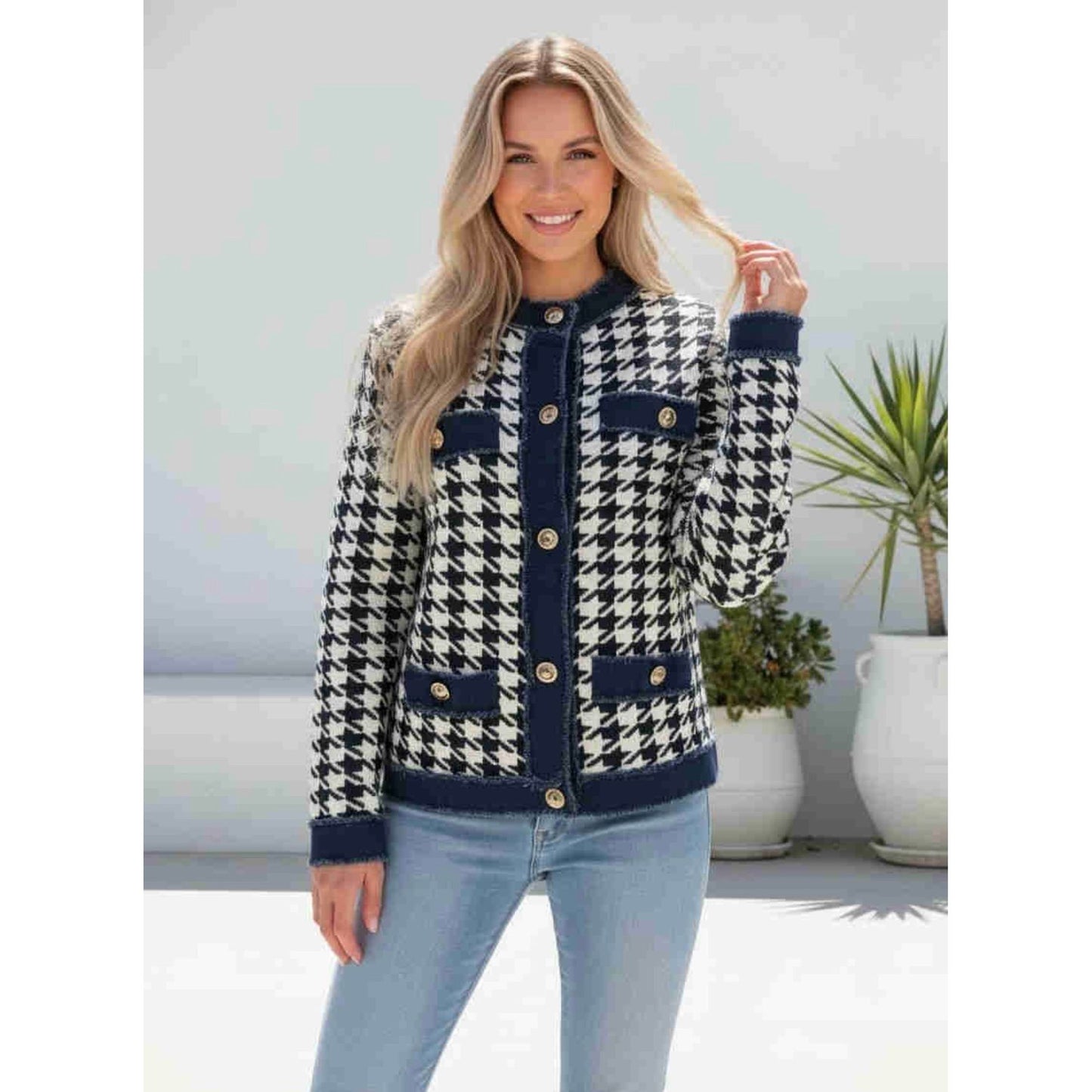 Bacall Knit Jacket – Navy & Cream
