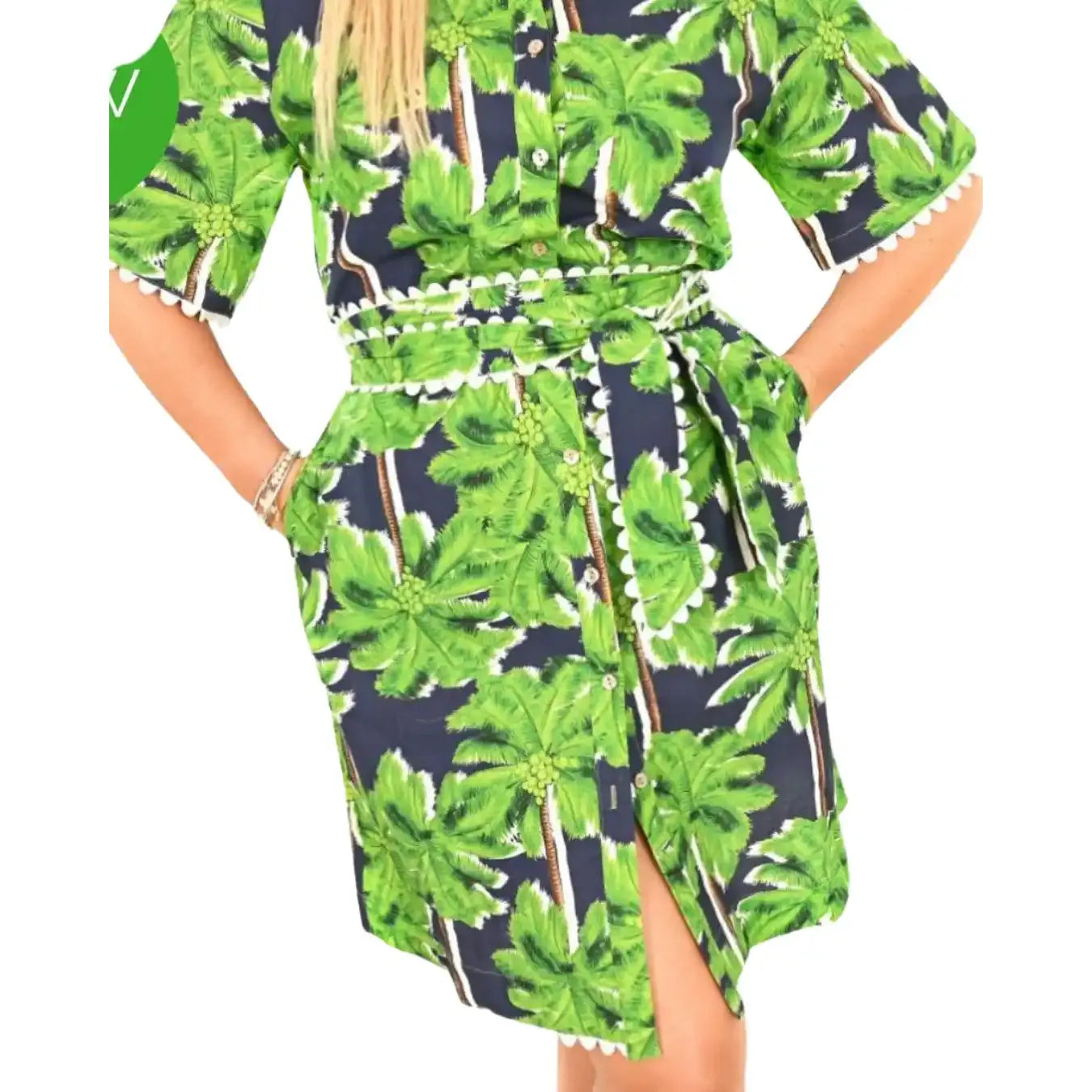 Caribbean Palm Cotton Linen Shirt Dress details