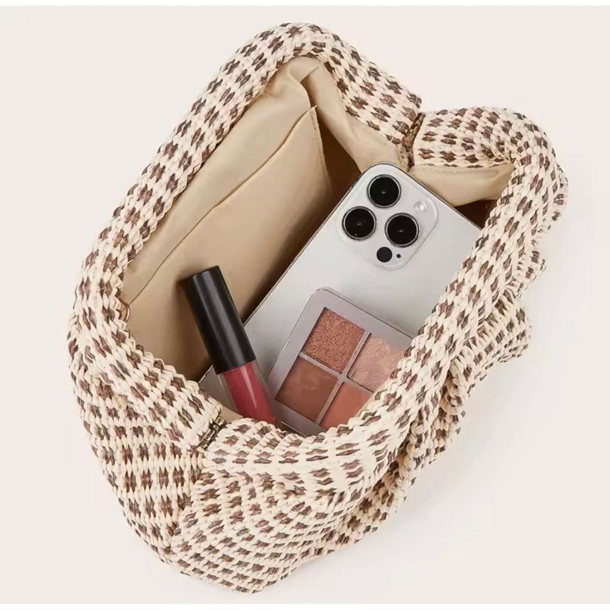 Bridgette bag Woven Clutch Bag – Cream & Tan with Gold Chain