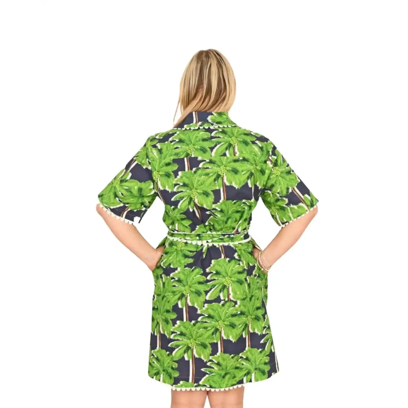 Caribbean Palm Cotton Linen Shirt Dress back details