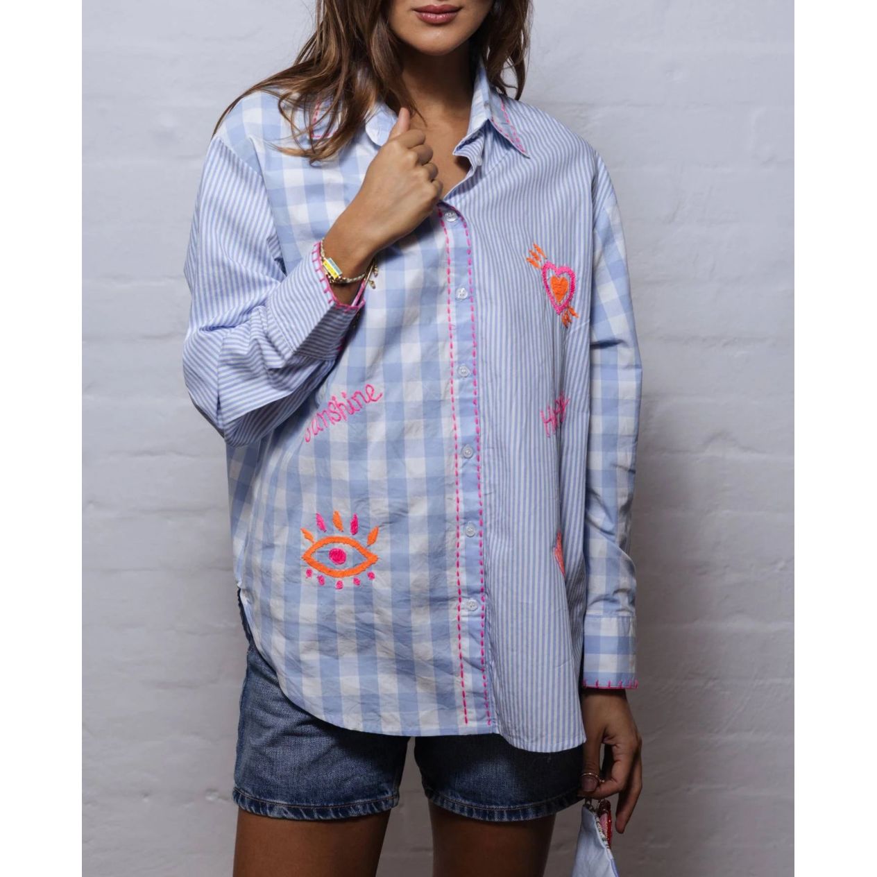 Saville Embroidered Cotton Shirt in Blue