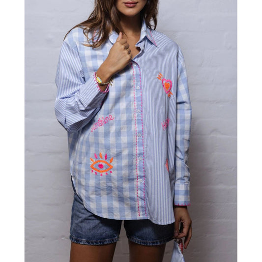 Saville Embroidered Cotton Shirt in Blue