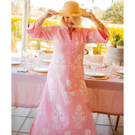 Pink floral cotton kaftan dress – maxi style.