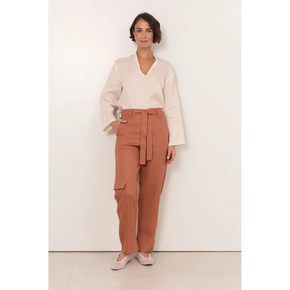 Cassidy Tan Linen Belted Pants in full