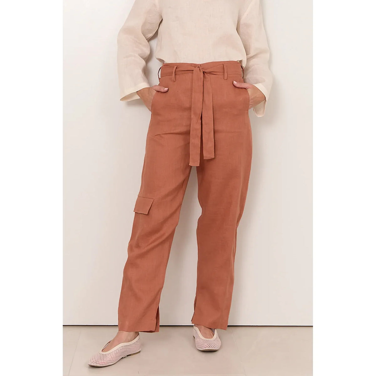 Cassidy Tan Linen Belted Pants from waist down