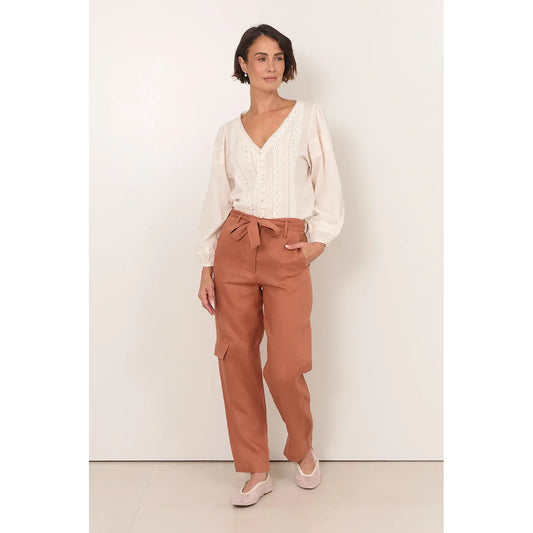 Cassidy Tan Linen Belted Pants full body
