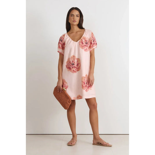 Rosemary V Neck Linen Dress – Piccadilly Print