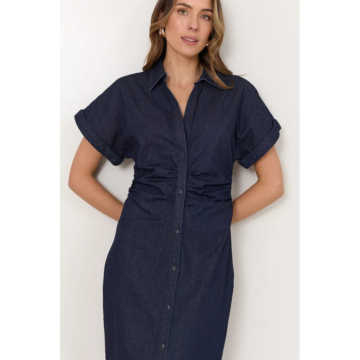 Devora Lightweight Denim Ruched Midi Dress