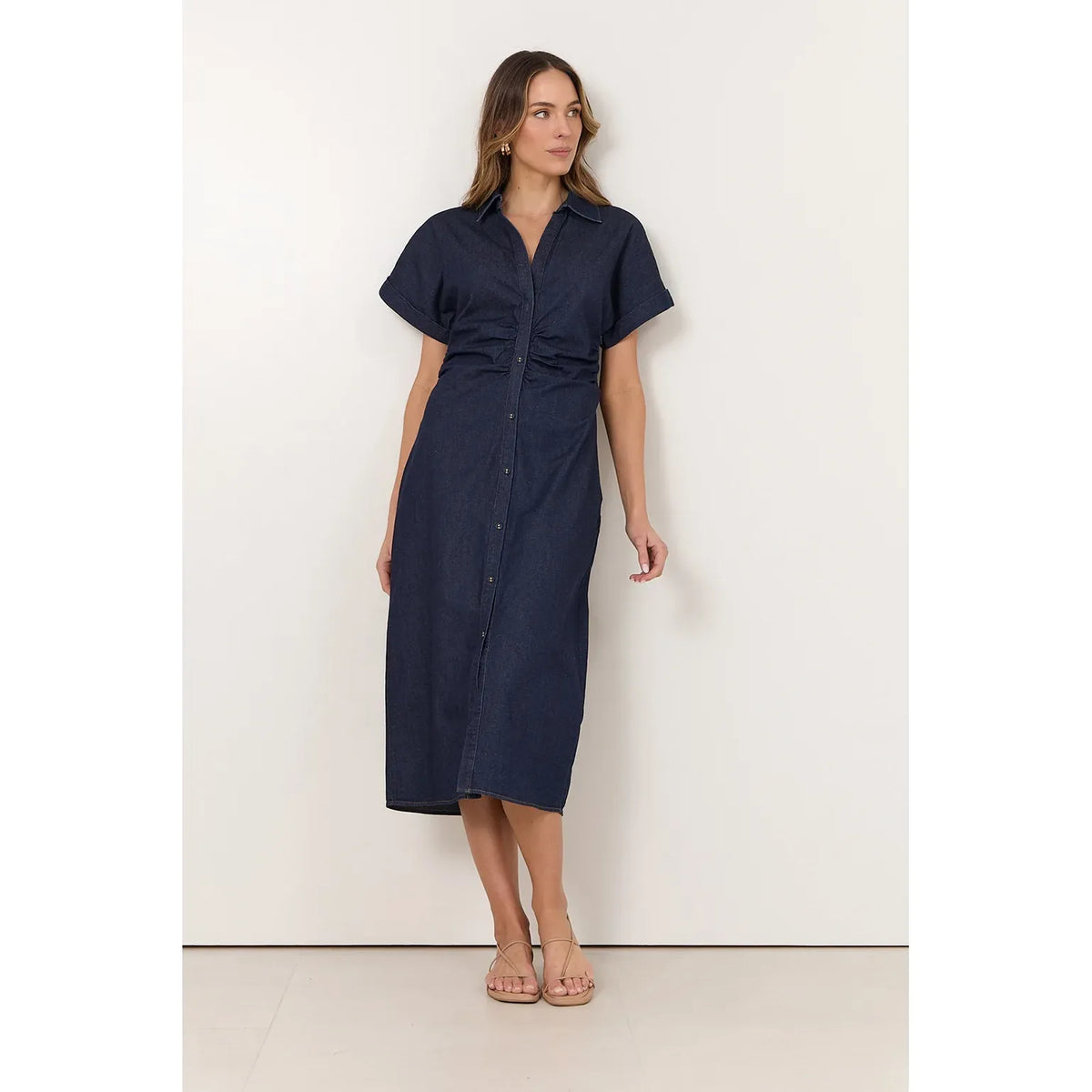 Devora Lightweight Denim Ruched Midi Dress