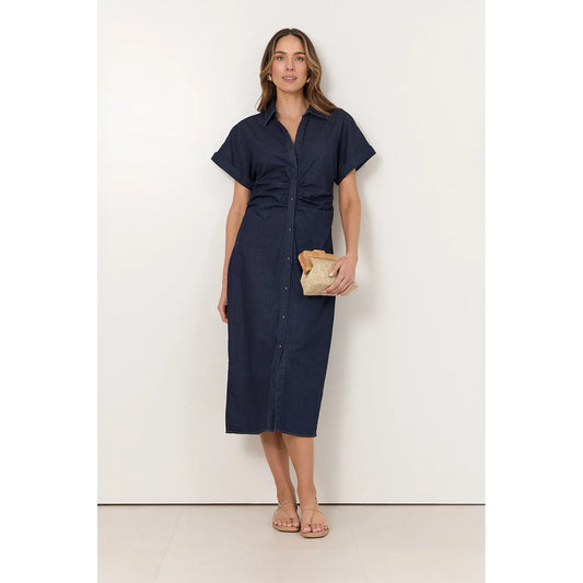 Devora Lightweight Denim Ruched Midi Dress