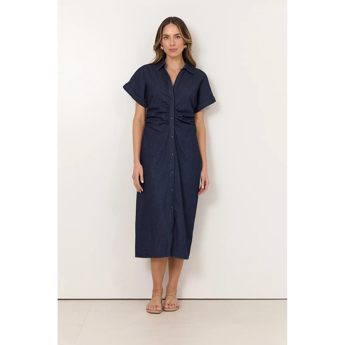 Devora Lightweight Denim Ruched Midi Dress