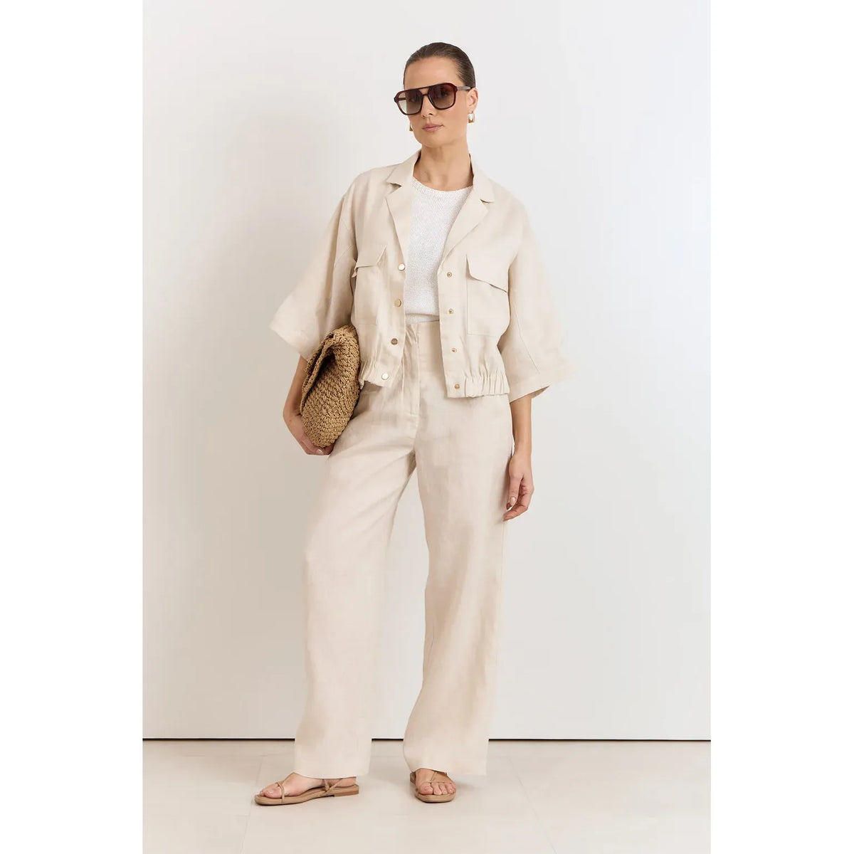 Tamsen Stone Linen Pants paired with Arlie Front Pocket Linen Top